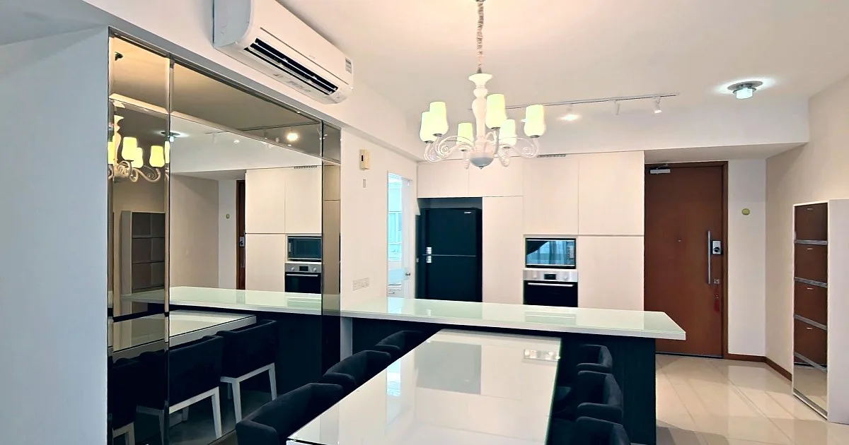 The dining room and kitchen of the sample flat