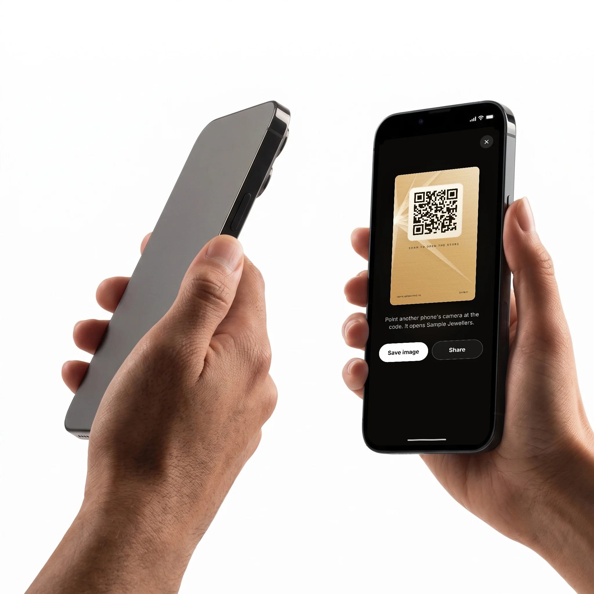 One phone scanning another; the second phone shows the gold GetPorted Key with its QR code