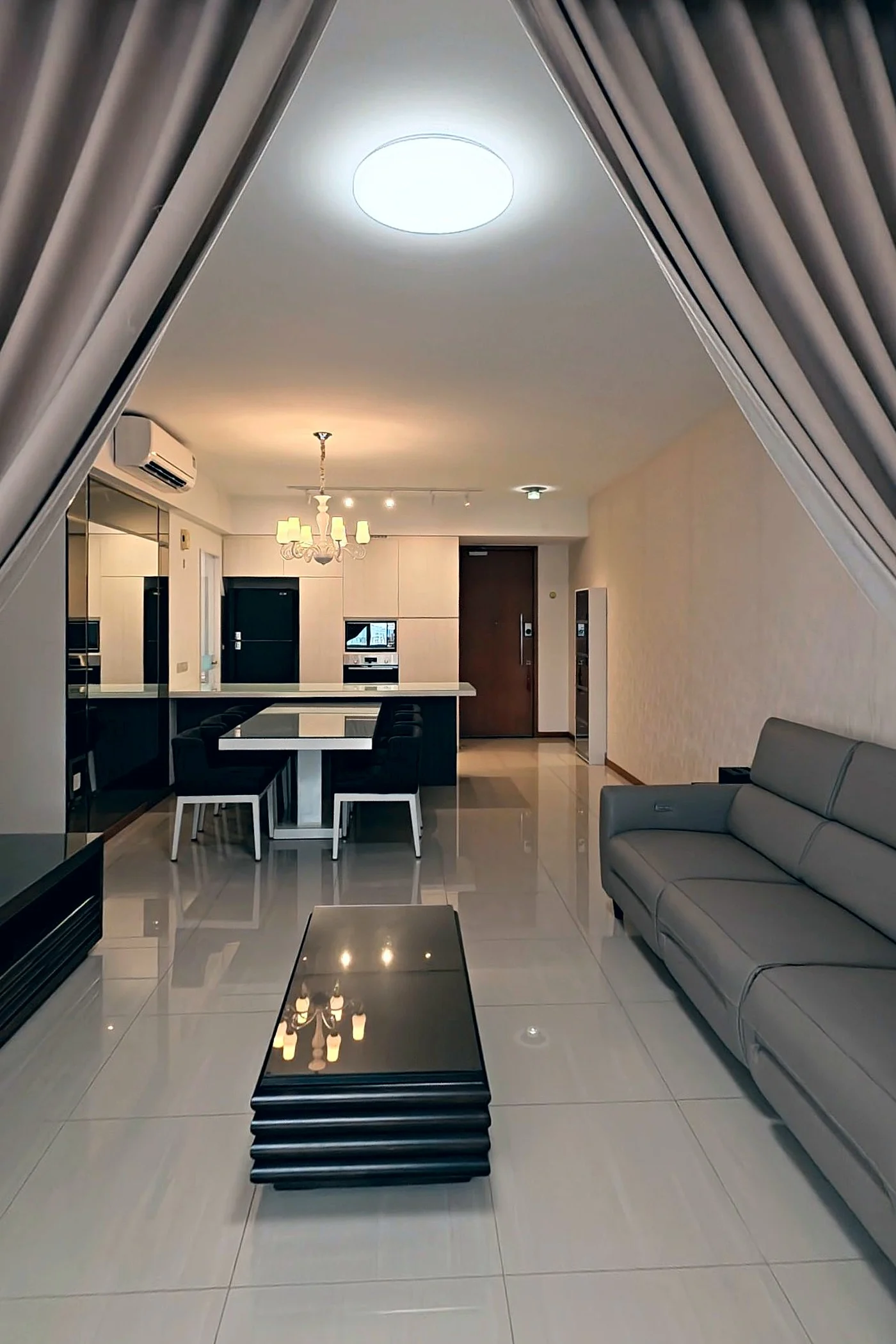 A sample flat: the living room, kitchen and dining area